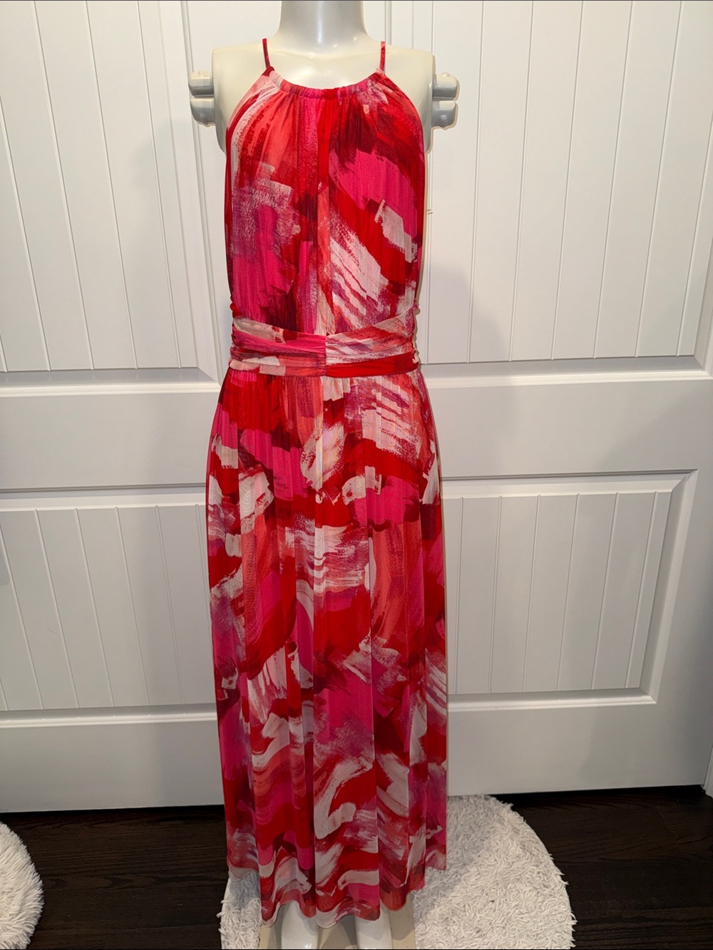 London Times Pink & Red Halter Brushstroke Maxi Dress